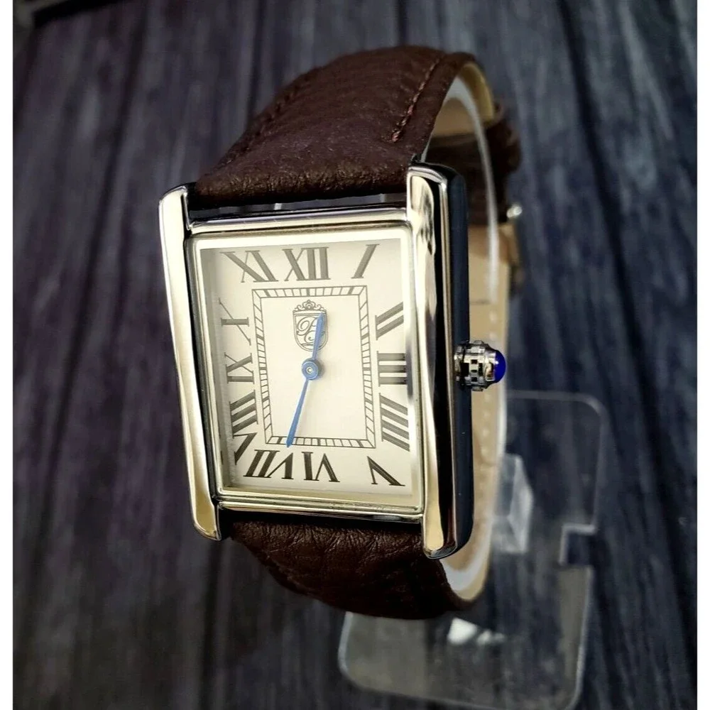 Pierre Lucerne 1888 Must Tank Style Swiss Inspired Classic Mens Watch Brown Band